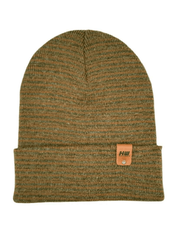 HAAKWEAR Traditional Contrast Cuffed Beanie Hat - Brown / Green, Made in USA, cozy and stylish winter accessory, top view