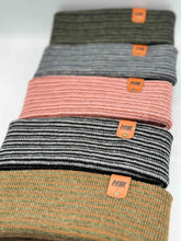 Load image into Gallery viewer, Colorful selection of HAAKWEAR Traditional Contrast Cuffed Beanie Hats, including Brown / Green, Made in USA, displayed in a row.
