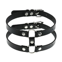 Load image into Gallery viewer, Black leather double strap collar with silver studs and buckle features a modern round pendant design, perfect for stylish elegance.
