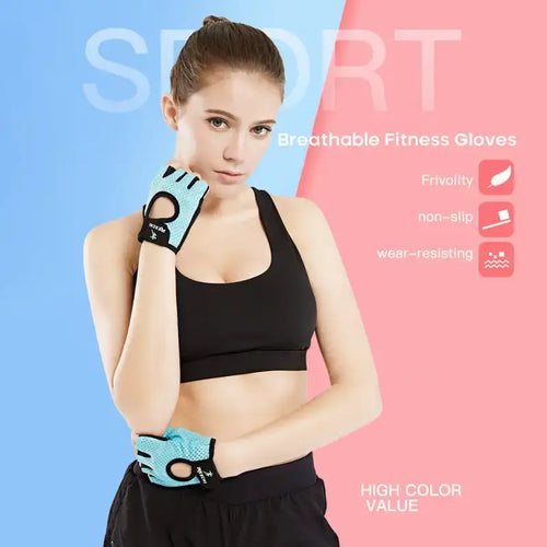Woman wearing Fitness Sport Gloves for workout; breathable, non-slip, wear-resistant design for enhanced performance.