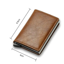 Load image into Gallery viewer, RFID black magic trifold leather slim mini wallet in vegan leather, compact design, 9.5cm by 6cm dimensions.
