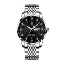Load image into Gallery viewer, Men&#39;s stainless steel watch with black dial and calendar display, featuring sleek design for modern gentlemen&#39;s elegance and style.
