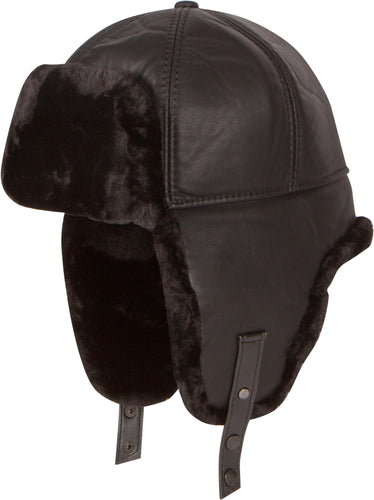 Black leather shearling aviator Ushanka hat with faux mink fur trim and chin strap