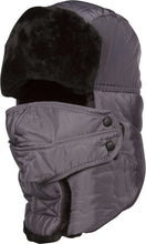 Load image into Gallery viewer, Black faux fur winter trooper hat with chin strap and removable face mask, designed for cold weather protection.

