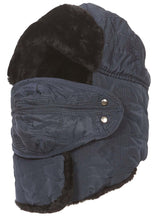 Load image into Gallery viewer, Dab unisex faux fur winter cold trooper hat with removable face mask and chin strap, one size fit, navy blue, black lining.
