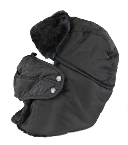 Dab Unisex Faux Fur Trooper Hat with Detachable Face Mask, Winter Cold Protection, Chin Strap, Black Color