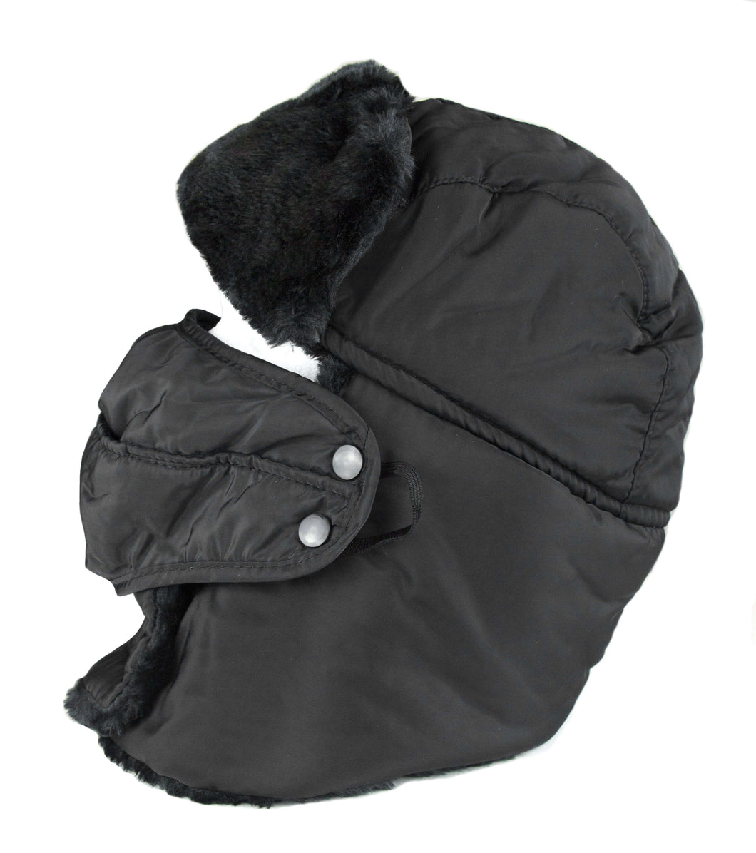 Dab Unisex Faux Fur Trooper Hat with Detachable Face Mask, Winter Cold Protection, Chin Strap, Black Color