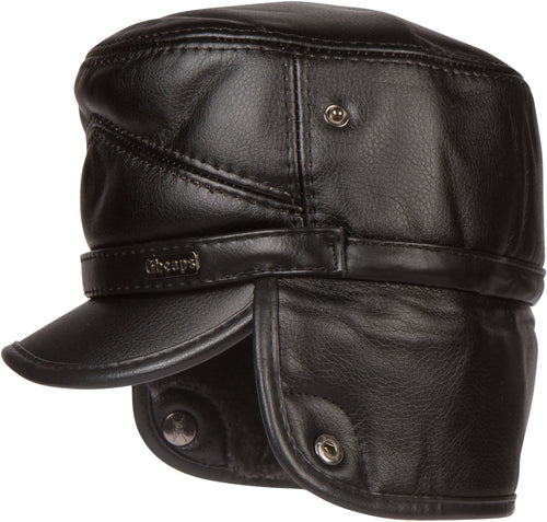 Black Eliott Warm Flat Cap with faux fur lining, PU leather shell, convertible military style, designed for warmth and comfort.