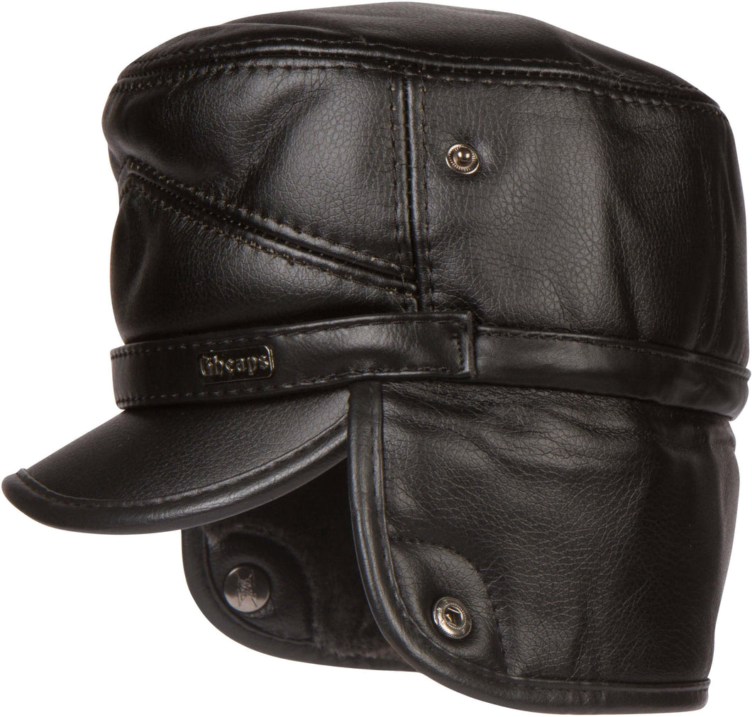 Black Eliott Warm Flat Cap with faux fur lining, PU leather shell, convertible military style, designed for warmth and comfort.