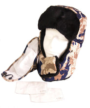 Load image into Gallery viewer, Camo unisex ushanka trapper hat with faux fur lining and removable mask, designed for warmth and wind protection in cold weather.
