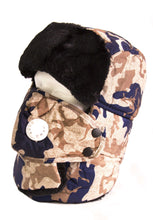 Load image into Gallery viewer, Alex unisex camo trapper hat with faux fur and removable mask, polyester, winter wear for warmth and comfort, one size fits most.
