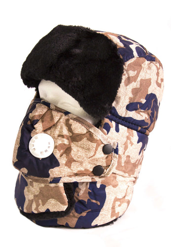 Alex unisex camo trapper hat with faux fur and removable mask, polyester, winter wear for warmth and comfort, one size fits most.