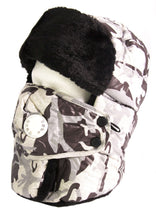 Load image into Gallery viewer, Alex unisex fur trapper hat with windproof removable mask, camouflage design, warm polyester faux fur lining for cold weather protection.
