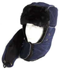 Load image into Gallery viewer, Alex Unisex Ushanka Faux Fur Windproof Trapper Hat with Removable Mask in navy blue, polyester lining and Velcro closure.
