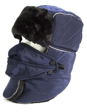 Load image into Gallery viewer, Alex unisex ushanka trapper hat with faux fur, removable mask, windproof design, navy color, cozy winter headwear
