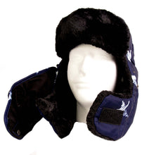 Load image into Gallery viewer, Alex unisex ushanka trapper hat with faux fur, shown with removable mask, windproof design in navy blue with black fur.
