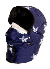 Load image into Gallery viewer, Alex unisex navy blue ushanka trapper hat with faux fur lining and removable mask, ideal for cold weather; polyester material.
