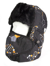 Load image into Gallery viewer, Alex unisex faux fur trapper aviator hat with removable mask, black with printed design, windproof, for winter warmth.
