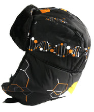 Load image into Gallery viewer, Alex Unisex Ushanka Trap Aviator Hat with Faux Fur and DNA Pattern, Windproof and Warm, Black with Orange Accents
