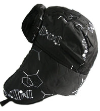 Load image into Gallery viewer, Black Alex unisex ushanka trapper hat with geometric design, faux fur lining, and removable mask, offering warmth and windproof protection.
