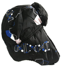 Load image into Gallery viewer, Alex Unisex Ushanka Trapper Hat with DNA Pattern, Black, Faux Fur Lining, Side View
