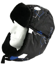 Load image into Gallery viewer, Alex Unisex Ushanka Faux Fur Windproof Trapper Aviator Hat with Removable Mask, side view, black with geometric pattern.

