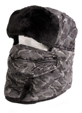 Load image into Gallery viewer, Camouflage unisex trapper hat with faux fur lining and removable mask, designed for warmth and comfort in cold weather.
