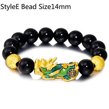 Load image into Gallery viewer, Feng Shui Wealth Bracelet with black beads and gold Pixiu charm, size 14mm, for prosperity and luck.
