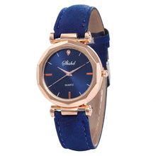 Load image into Gallery viewer, Fashion women&#39;s vegan leather casual watch with blue strap and rose gold accents, featuring a sleek quartz movement.
