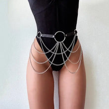 Cargar imagen en el visor de la galería, Goth leather body harness with chains on a model, showcasing edgy gothic fashion.
