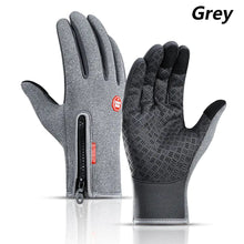 Cargar imagen en el visor de la galería, Grey waterproof winter gloves with phone touch capability, featuring zip and textured grip for snow and moisture protection.
