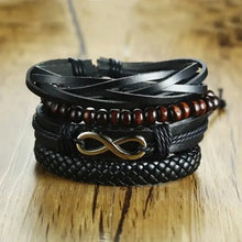 Cargar imagen en el visor de la galería, Vnox braided wrap vegan leather bracelets set with bead accents and infinity symbol, showcasing rugged elegance and ethnic charm.
