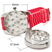 Load image into Gallery viewer, Red Watch Cigarette Grinder with detachable grinding compartment, showing dimensions of 40mm and 37.5mm.
