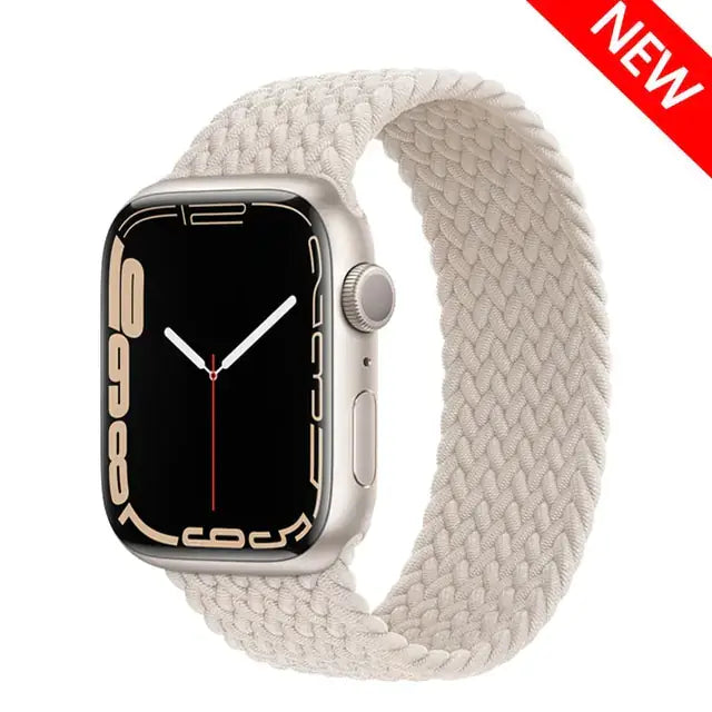 Nylon elastic strap for Apple Watch, compatible with 38mm to 45mm models, shown in cream color, suitable for iWatch Series 1-7 SE.