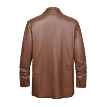 Load image into Gallery viewer, Back view of REED Men&#39;s Premium Lambskin Leather Blazer Sports Jacket in brown, showcasing high-quality craftsmanship and timeless style.
