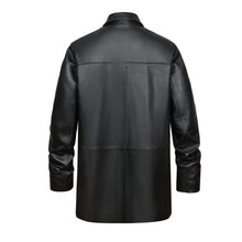 Load image into Gallery viewer, Back view of REED EST. 1950 Men&#39;s Genuine Lambskin Leather Car Coat, four-button, soft black leather, ideal for winter style and warmth.
