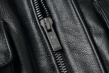 Load image into Gallery viewer, Close-up of black leather material and zipper on REED Men&#39;s Premium Leather Aviator Bomber Jacket.
