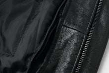 Load image into Gallery viewer, Close-up of REED Men&#39;s Premium Leather Aviator Bomber Jacket showing texture and zipper detail.
