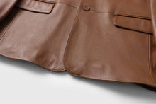 Load image into Gallery viewer, REED Men&#39;s Premium Lambskin Leather Blazer Sports Jacket detail showing soft-touch lambskin and button closure.
