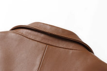 Load image into Gallery viewer, Close-up of REED Men&#39;s Premium Lambskin Leather Blazer collar in brown, showcasing quality craftsmanship and texture.
