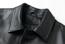 Load image into Gallery viewer, Close-up of REED EST. 1950 Men&#39;s genuine lambskin leather jacket collar with button details.
