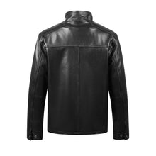 Load image into Gallery viewer, REED men&#39;s lambskin leather jacket with stand-up collar, back view. Luxurious, durable winter coat with zip-up closure and inside pockets.
