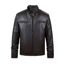 Load image into Gallery viewer, REED men&#39;s jacket in genuine lambskin leather with stand-up collar, black, front zip-up, imported, premium quality, stylish winter coat.
