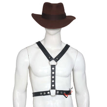 Load image into Gallery viewer, Double Folded Real Cowhide Leather Harness for Men Y shape Chest Harness Shoulder Harness Men Fetish Wear on mannequin with hat
