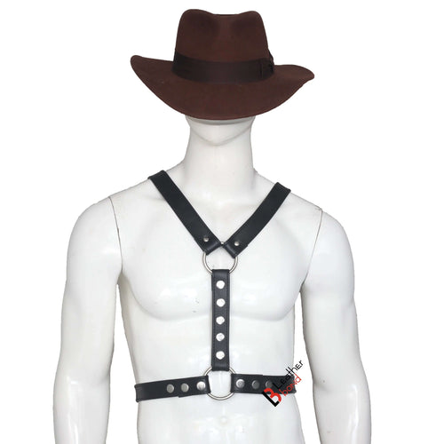 Double Folded Real Cowhide Leather Harness for Men Y shape Chest Harness Shoulder Harness Men Fetish Wear on mannequin with hat