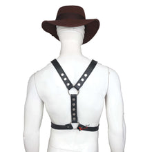 Load image into Gallery viewer, Double Folded Real Cowhide Leather Harness for Men Y shape Chest Harness Shoulder Harness Men Fetish Wear on mannequin back view
