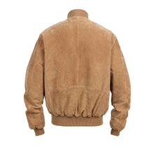 Load image into Gallery viewer, Back view of REED Men&#39;s Baseball Suede Leather Jacket featuring genuine suede material and classic baseball style.
