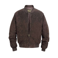 Load image into Gallery viewer, Men&#39;s suede leather baseball jacket with satin lining by REED, ideal for fall and spring wear, durable and stylish.
