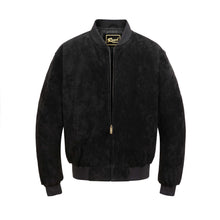 Load image into Gallery viewer, REED Men&#39;s black baseball suede leather jacket with satin lining, ideal for fall and spring weather, featuring zipper closure.
