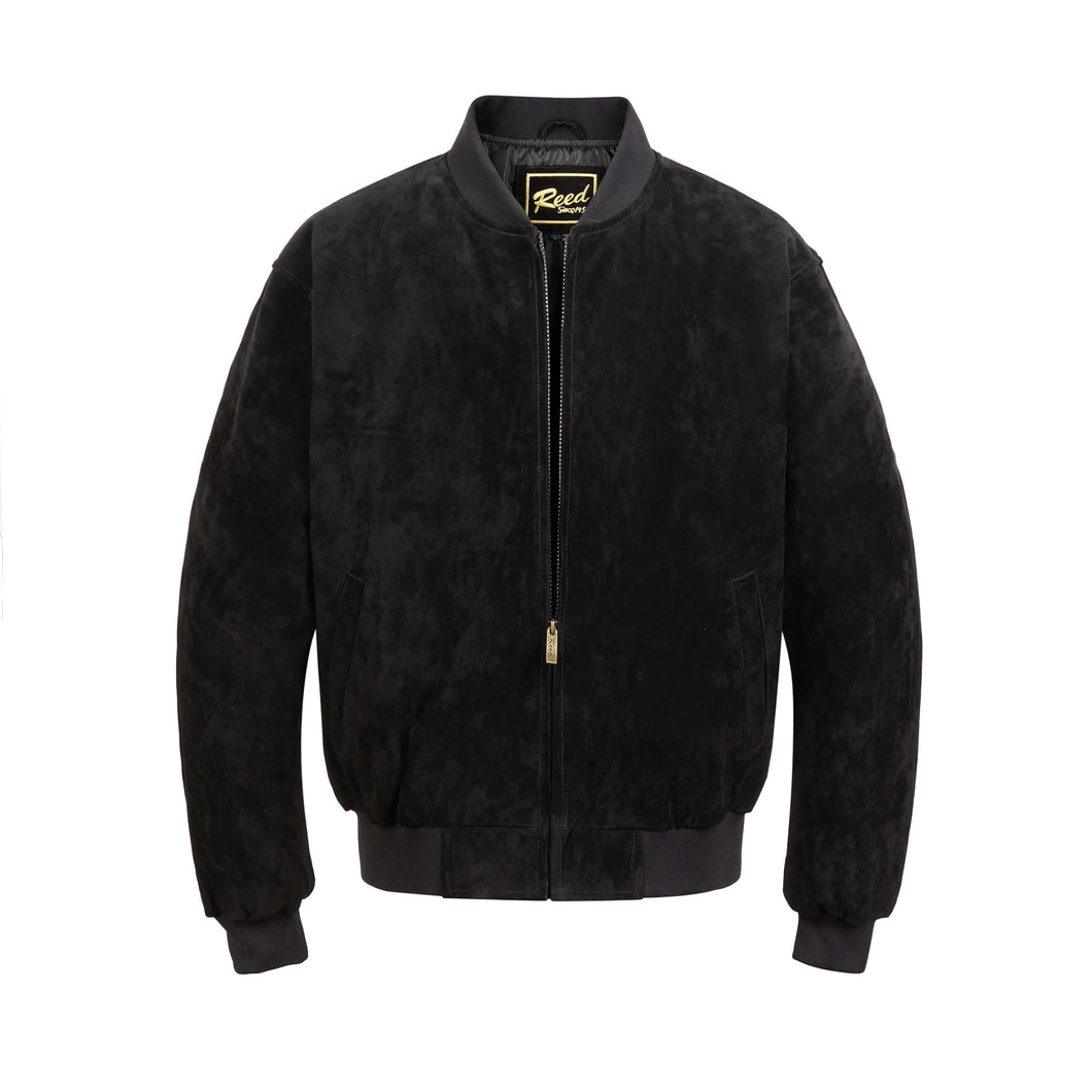 REED Men's black baseball suede leather jacket with satin lining, ideal for fall and spring weather, featuring zipper closure.